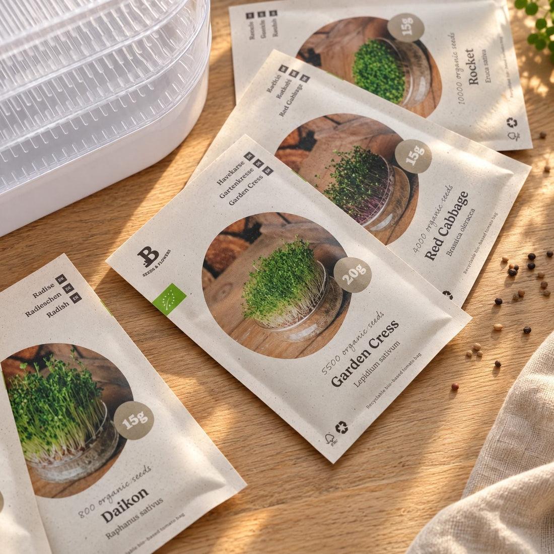 Microgroenten box met kiemtoren - 5 zakjes biologische zaden